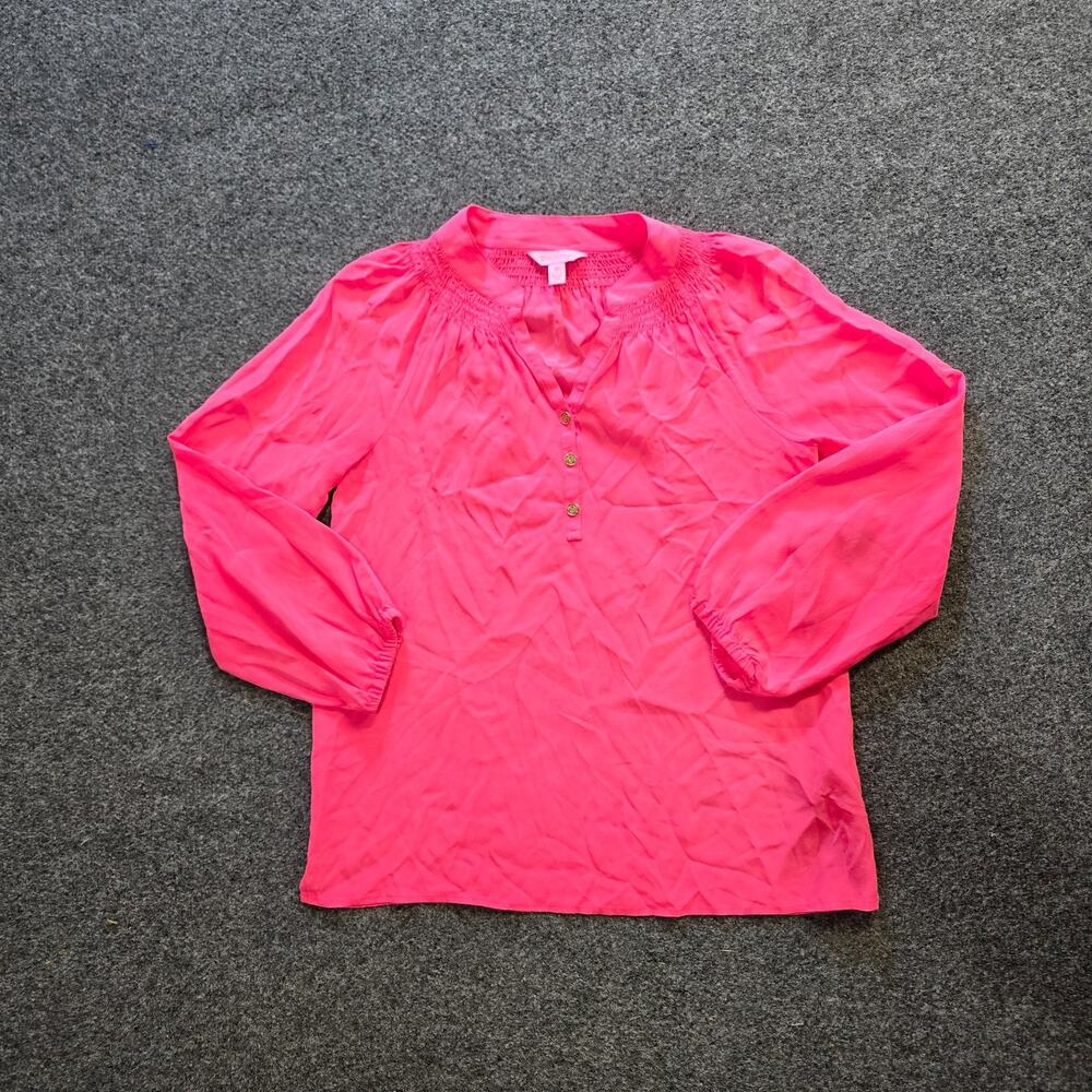 Lilly Pulitzer Top Womens Size XS Pink 100% Silk Henley Long Sleeve Neon Casual